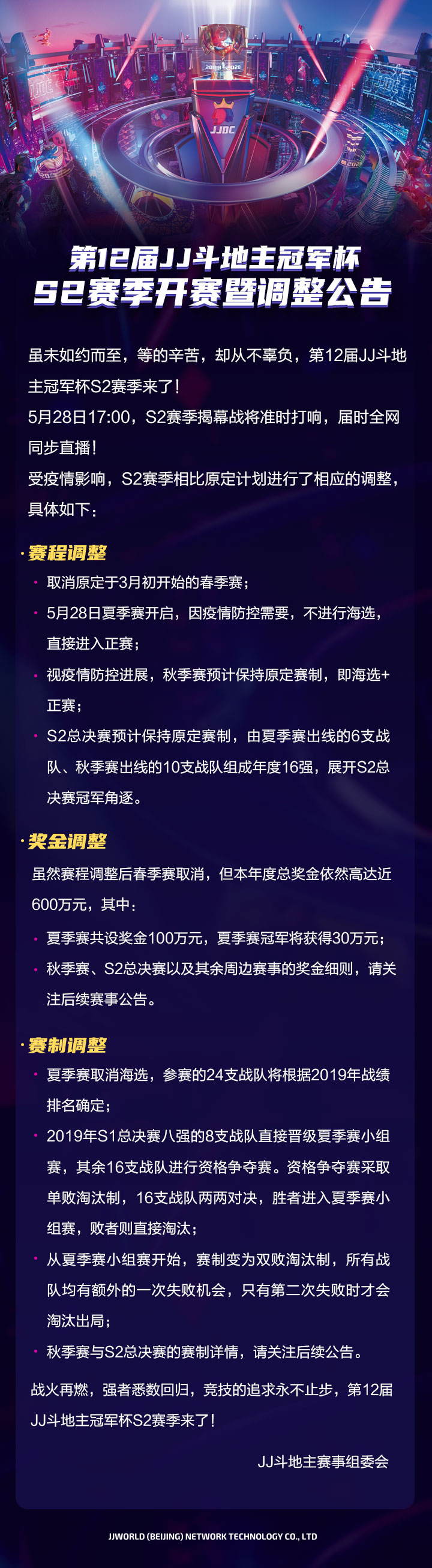 第12届JJ斗地主冠军杯S2赛季开赛暨调整公告