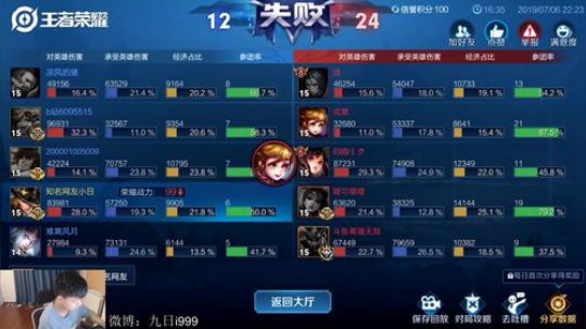 九日：排位（玩貂蝉） 2019-07-06 22点场