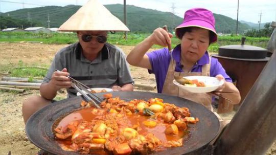 韩国兴森一家人，红烧鸡肉和炒饭.