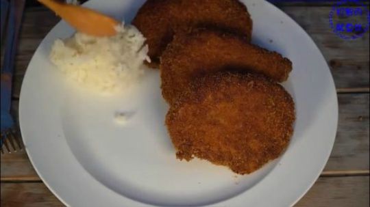 妈妈和儿子吃奶酪猪排饭，儿子继续放大