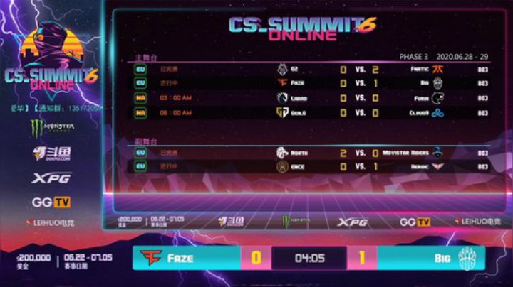 巅峰赛faze/G2/mouz出局 2020-06-29 00点场