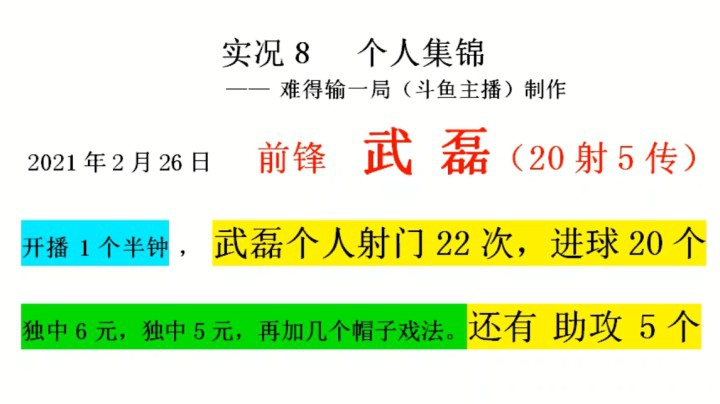 2021年2月26日直播 1个半钟， 武磊 22次射门，进20球