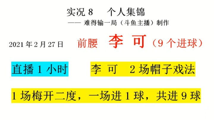 2021年2月27日直播1小时， 李可 2场 帽子戏法