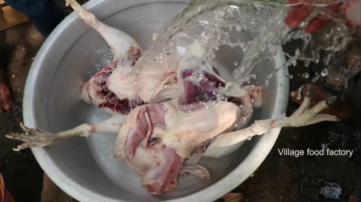 六爷在河边现杀两只黑白大火鸡做美味咖喱火鸡手抓饭给需要帮助的人吃