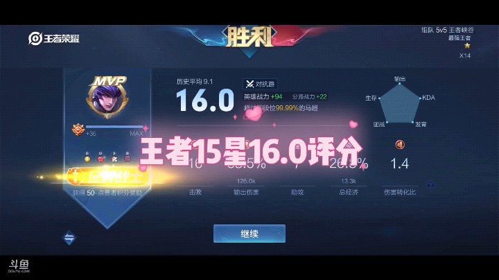 王者15星单排16.0评分，这就是陵予！