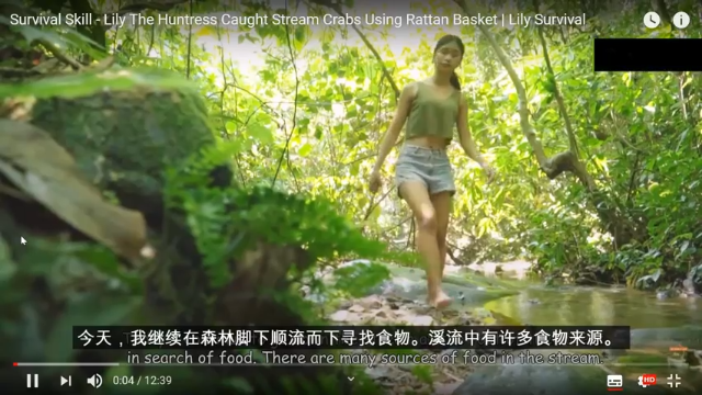 P2_用竹编的竹篓捕捉小溪螃蟹求生(1)妹子 野外  利用原始技术 求生，麻烦投个币吧
