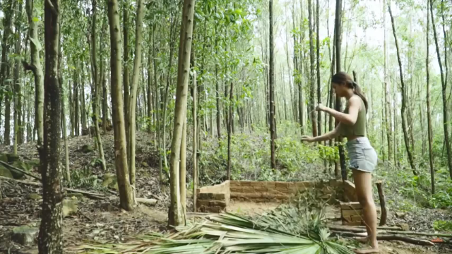 已经贴好字幕11_8用木材和白蚁土造砖墙，修建小屋，棕榈页做屋顶谢谢点关注 投币哦