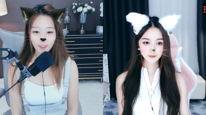 两个美女主播连麦，都有假耳朵，好可爱啊