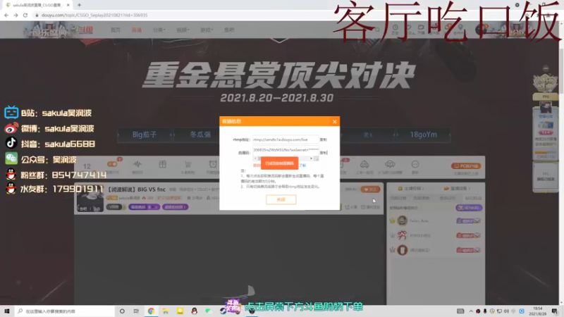 【2021-08-28 18点场】sakula吴润波：【润波解说】BIG VS fnc