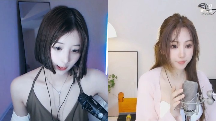 两个网红美女连麦，左边好性感，右边很呆萌啊