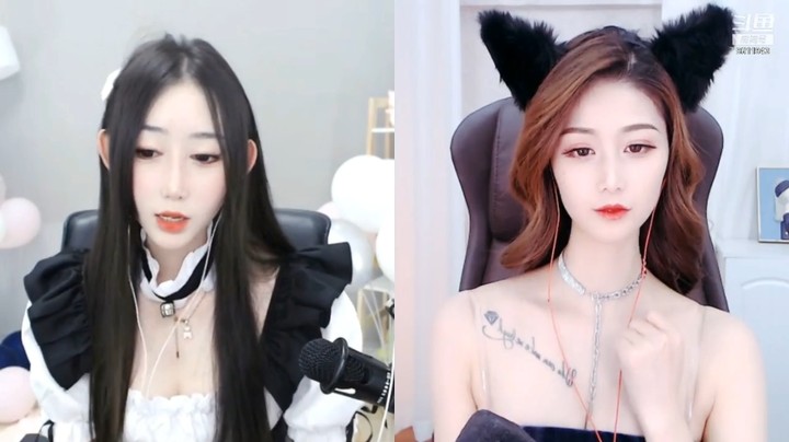 两个美女主播连麦，两个人的发型都各有千秋，你喜欢哪个