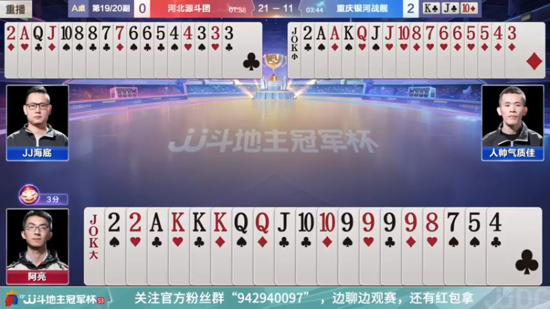 【2022-01-10 14点场】JJ斗地主官方：【直播】冠军杯总决败区决赛重庆2:3广东
