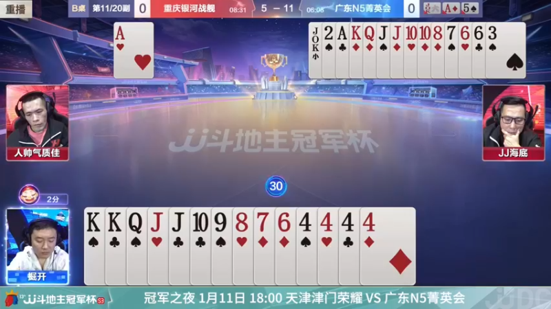 【2022-01-10 06点场】JJ斗地主官方：【直播】冠军杯总决败区决赛重庆2:3广东