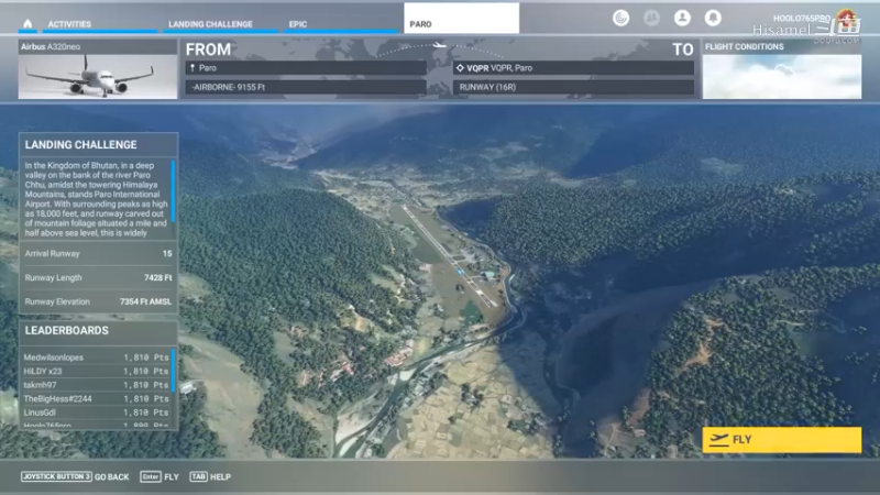 微软模拟飞行2020 降落挑战 VQPR-不丹帕罗机场RWY15 A320neo