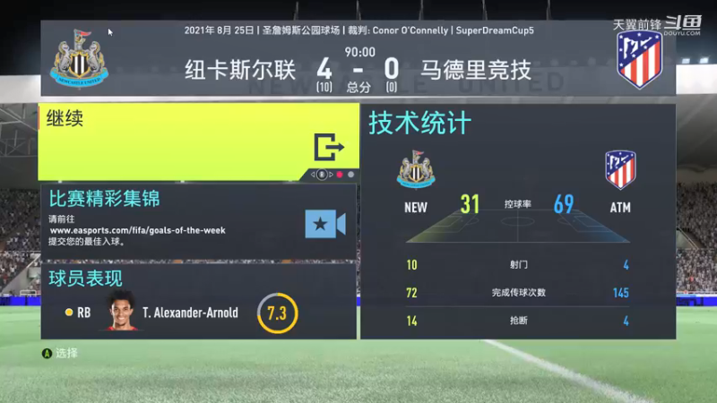 Super Dream Cup5四分之一决赛第二回合 纽卡斯尔联队4:0马德里竞技
