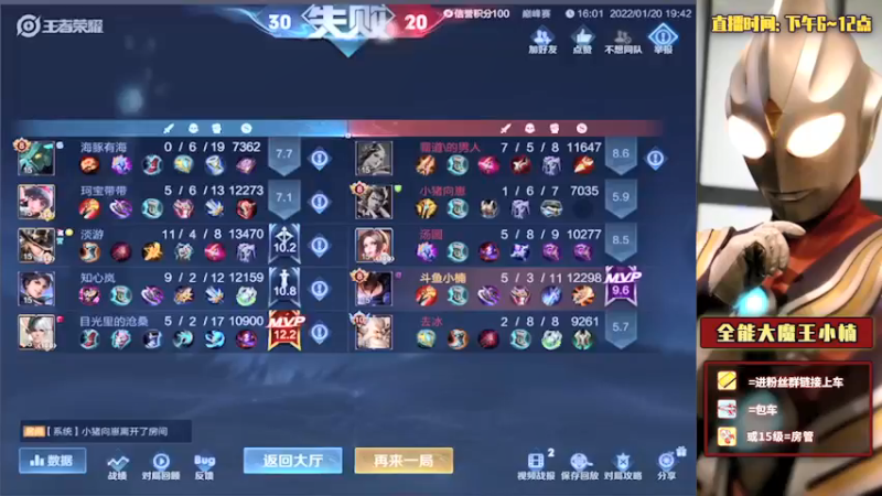 【2022-01-20 19点场】大魔王小楠：国服露娜冲刺巅峰第一