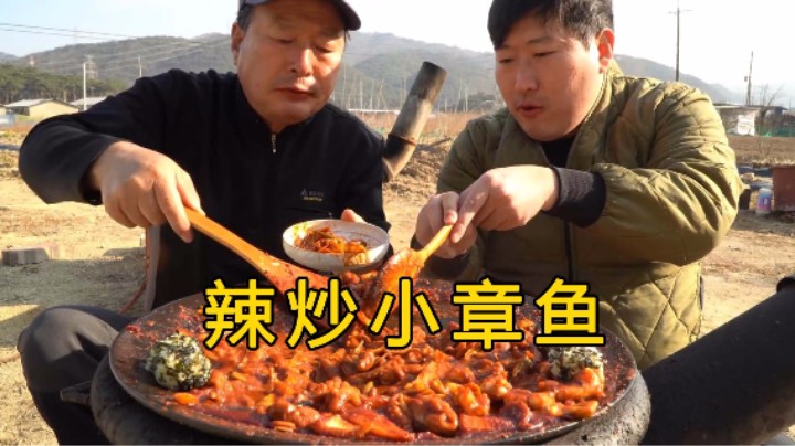 和爸爸一起品尝自制辣炒小章鱼，配上点面条和饭团太解馋了！