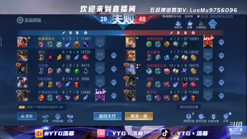 【2022-03-15 22点场】YTG丶落幕：国服芈月不被打假