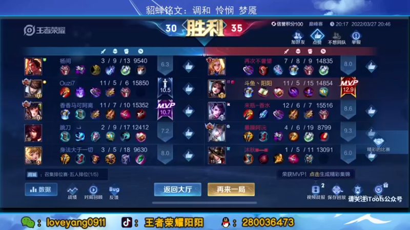 【2022-03-27 21点场】阳阳Yc：国服貂蝉 冲2400分巅峰赛