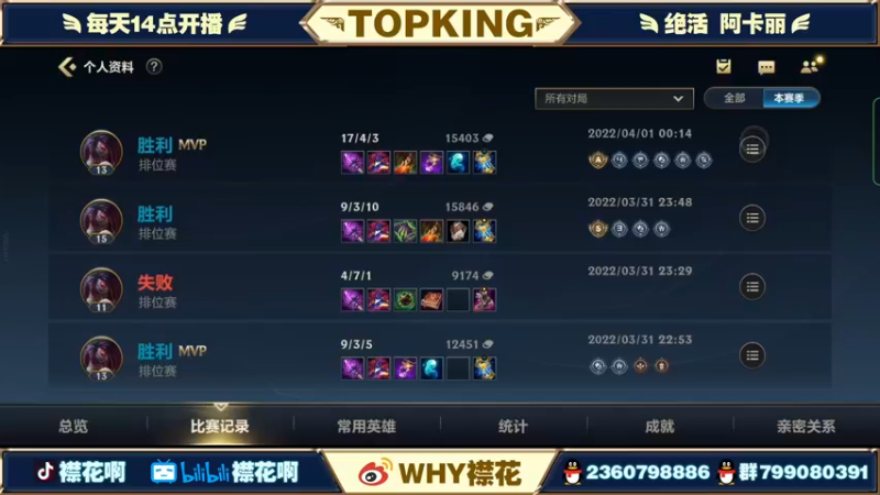 【2022-04-01 00点场】襟花啊：定榜10670国一阿卡丽冲分大师局