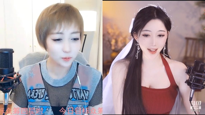 o阿水水美女小姐姐直播连麦，对面美女短发挺好看