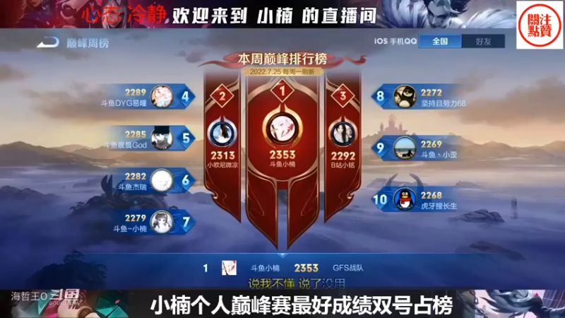 王者主播小楠巅峰赛双号占榜，应该是他个人最好成绩了吧？