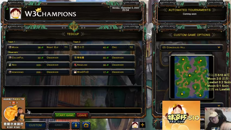 【2022-09-05 20点场】War3TeD：【直播中】7点特逗杯S10 A组木漫罗搜