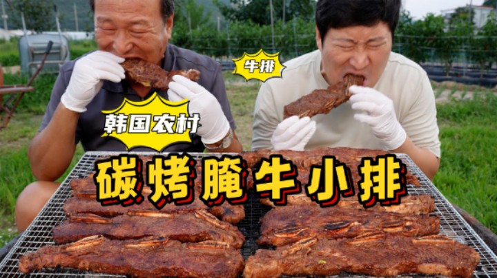 户外炭烤牛小排，腌制一晚上更入味，在铁架子上烤的滋滋冒油，瞬间焦香四溢！