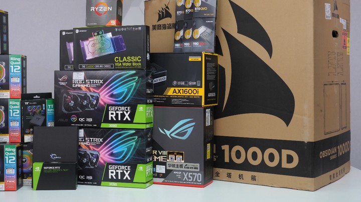 BRO私人定制-34把风扇夹汉堡」4个480冷排 双3090显卡 双水路 双泵双水箱 水道板 海盗船1000D大型分体水冷主机装机过程