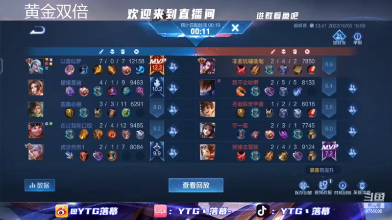 【2022-10-05 19点场】YTG丶落幕：黄金双倍马场大战小黑屋