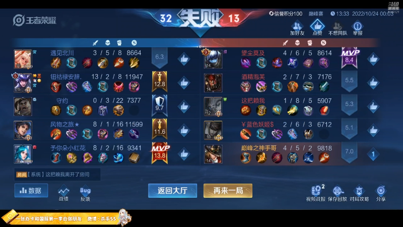 【王者荣耀】不可一世杀手的精彩时刻 20221024 00点场