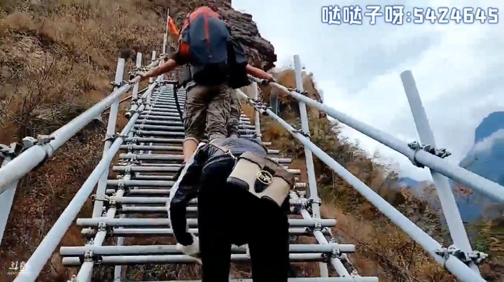 美女哒哒爬山看着都累，浩哥和表弟在后面力保安全