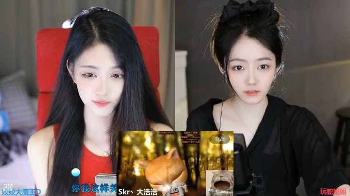 姣姣和美女蛇蛇连麦，还有一个男主播围观，有点意思啊