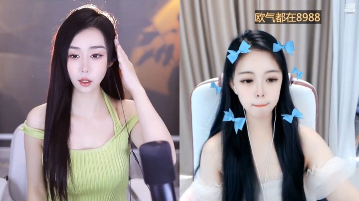 美女小姐姐连麦，左边的小姐姐绿衣服好看