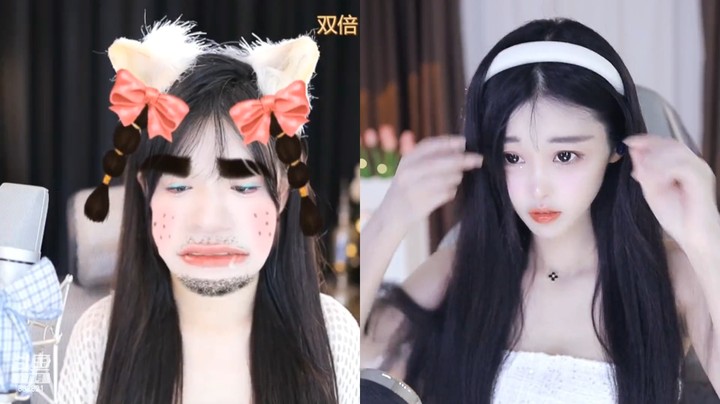 美女小姐姐直播连麦这特效头像好搞笑