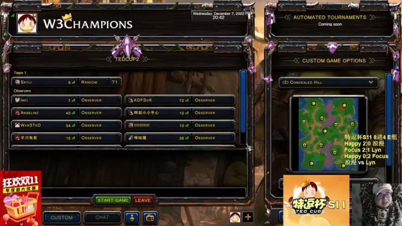 【2022-12-07 20点场】War3TeD：【直播中】7点特逗杯8进4 嗨漫佛林登场