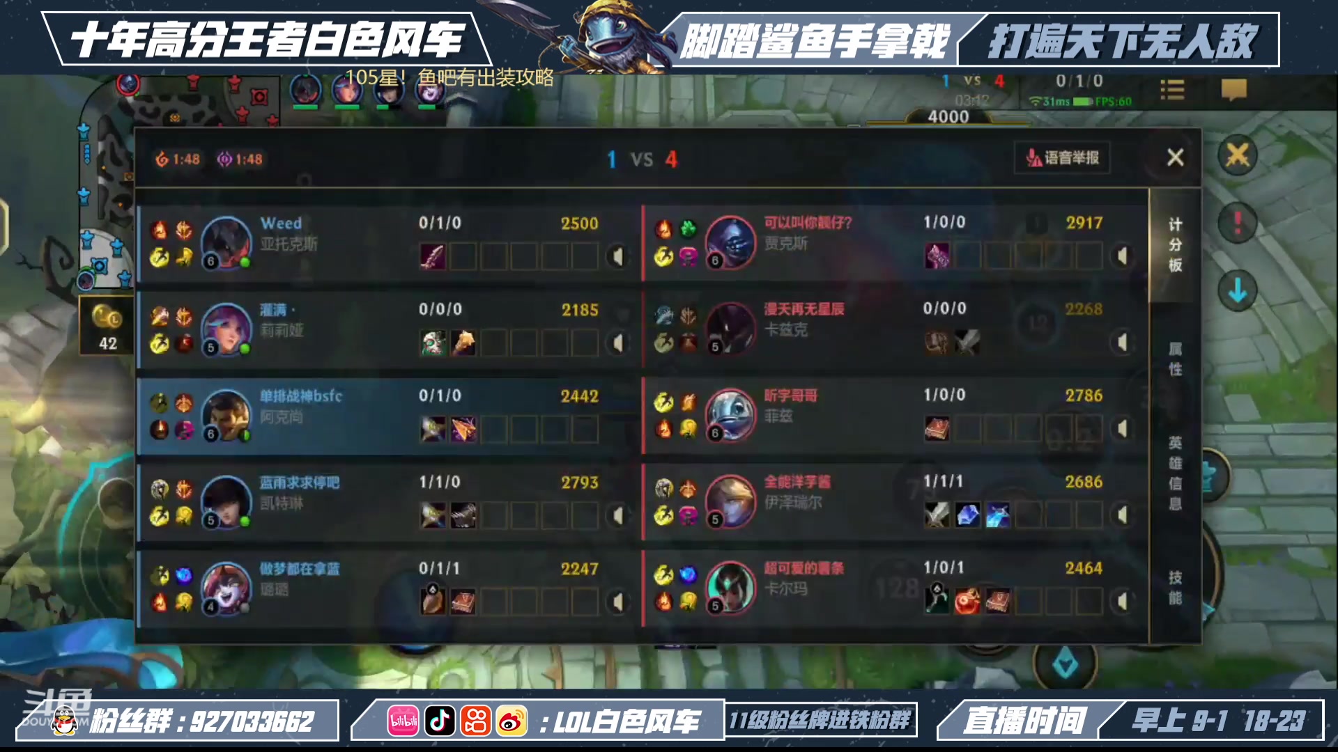 【2023-01-07 12点场】白色风车丶丶丶丶：国一小鱼人！峡谷之巅第二！已千分传说！！