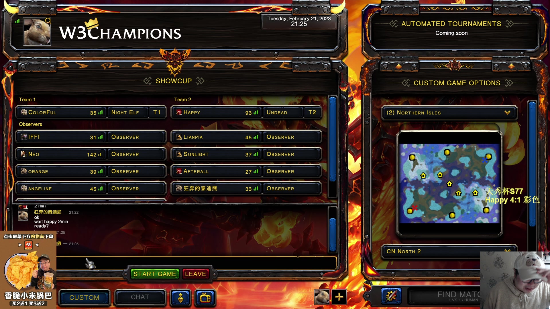 【2023-02-21 20点场】War3TeD：【直播中】7点天秀杯S77 嗨皮vs彩色