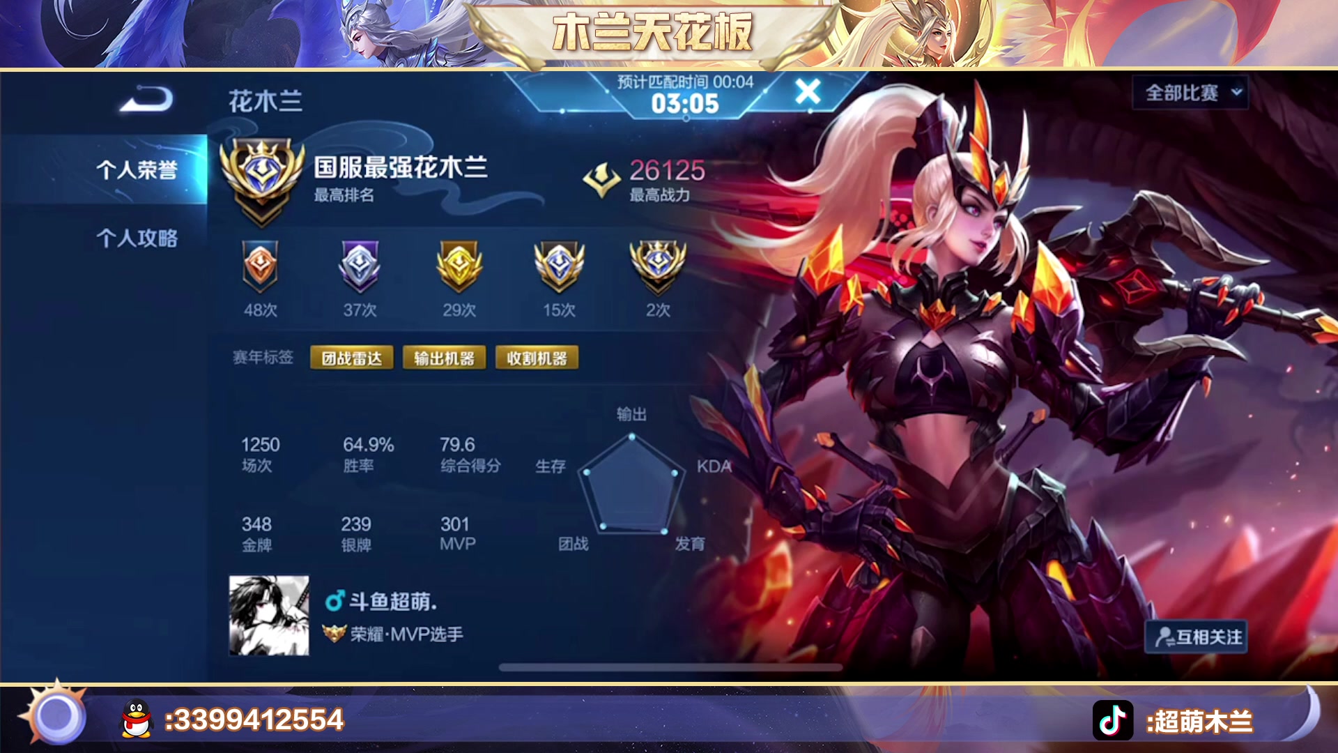 【2023-04-01 22点场】超萌木兰：巅峰一三六 26125战力木兰