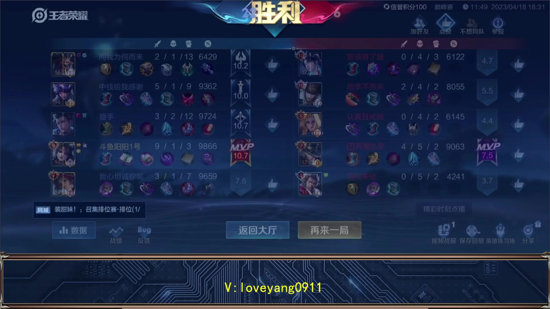【2023-04-18 18点场】阳阳Yc：2万分貂蝉冲巅峰赛第一