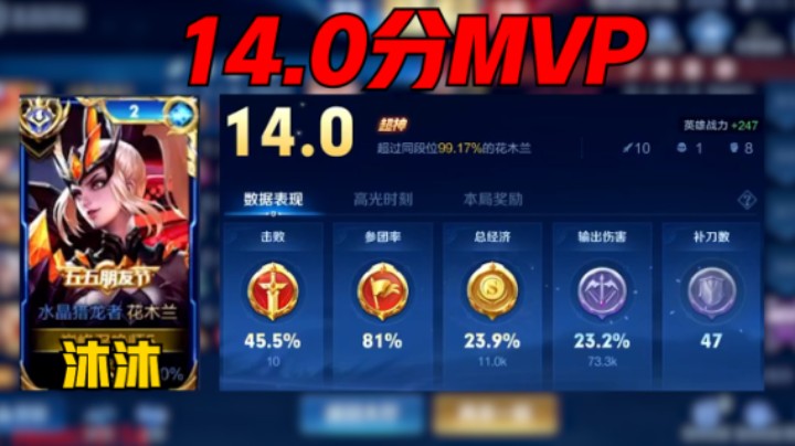 【沐沐】国服花木兰沐沐巅峰2226分极致炫技！花木兰10-1评分14.0收下MVP，队友直呼太有实力了！