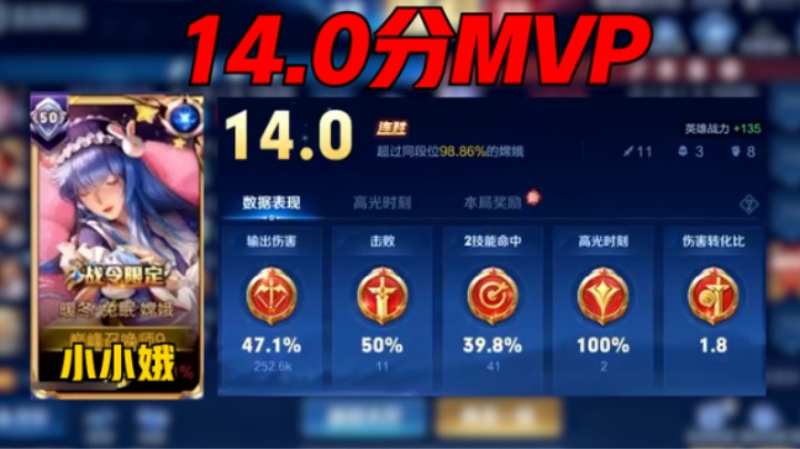 【小小娥】小小娥巅峰赛1643分打出11-3战绩，14.0评分拿下MVP，能抗能打的英雄还不学起来吗？！