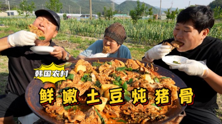 在院子里和爸妈一起享用土豆炖猪骨，肉香四溢，大口吃肉嘎嘎爽！