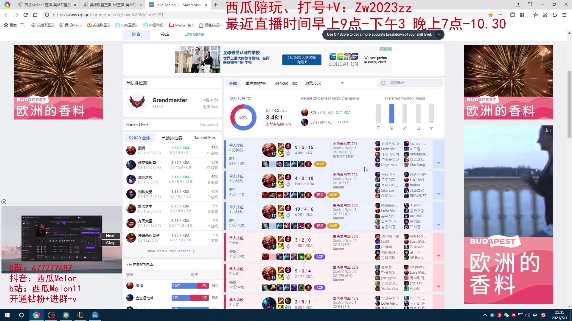 【2023-06-01 22点场】西瓜Melon1：韩服王者局 对战各大职业选手