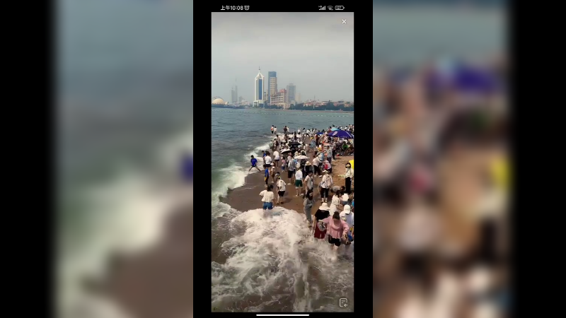 今天很多人在青岛海边看大海玩水