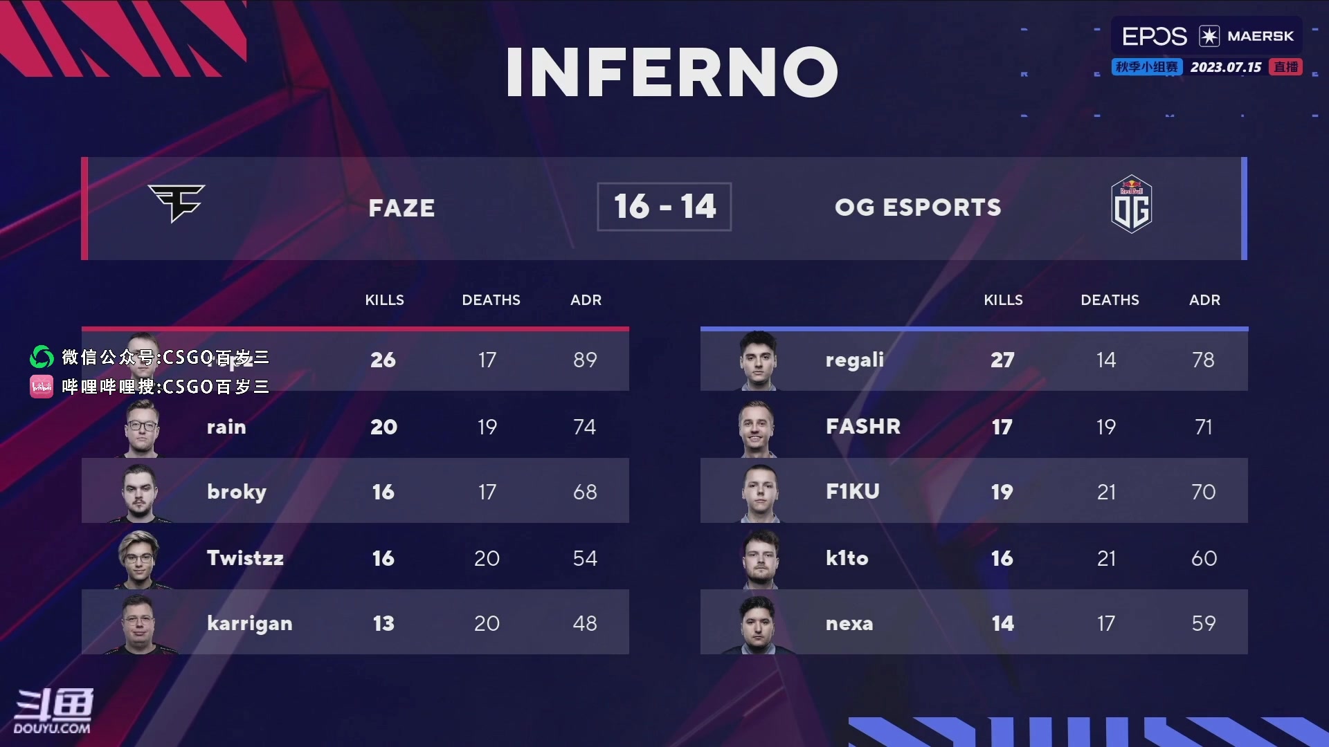 【2023-07-15 01点场】CSGO百岁三：Blast秋季小组赛 FAZE-OG