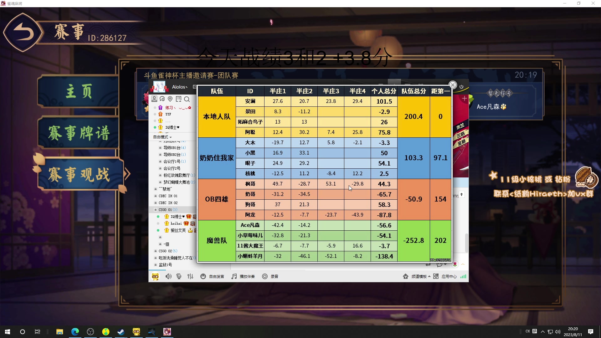 【2023-08-11 19点场】sakira丶hao：4+2一会儿晚上麻将比赛