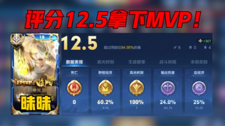 【昧昧】昧昧巅峰赛2368分，国服镜杀穿峡谷，极致身法秀翻对手，战绩6-0，评分12.5分拿下MVP！