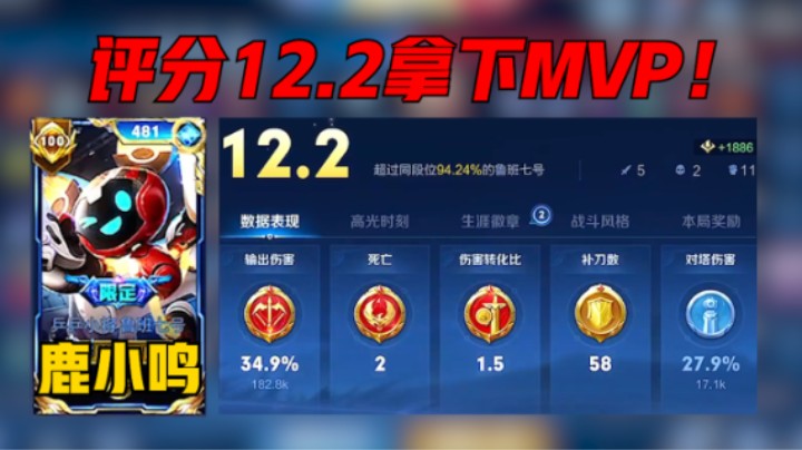 【鹿小鸣】小歪巅峰赛2271分，鲁班七号输出占比35%，评分12.2分拿下MVP！