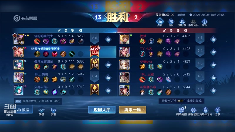 【2023-11-07 00点场】DYG易瞳：巅峰赛2454全国第八混第一88807